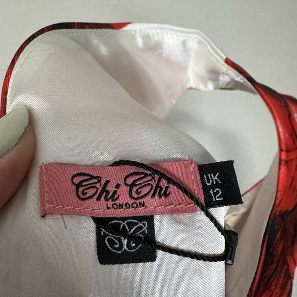 Chi Chi London Womens Dress UK 12 Red Piper Floral Open V Back Cocktail Romantic - Picture 11 of 11